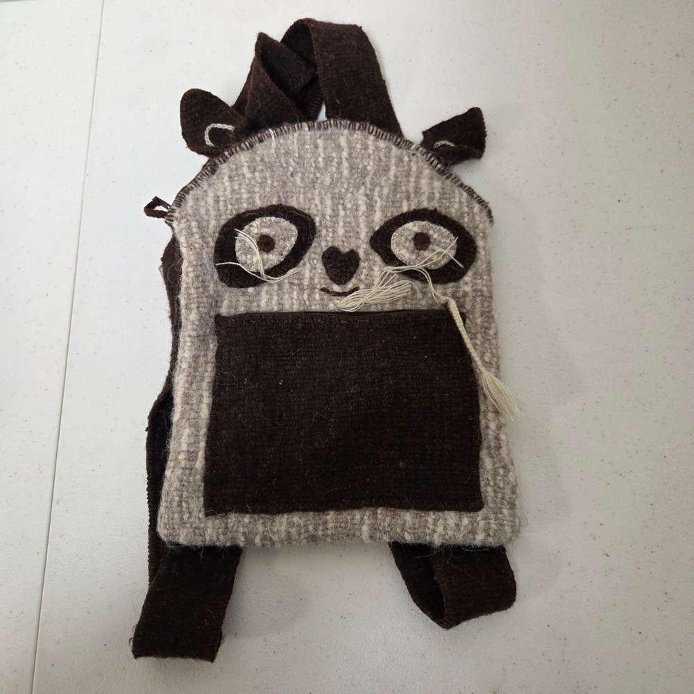 Vintage Handmade Woven Wool Raccoon Panda Animal Mini Backpack Brown Cream